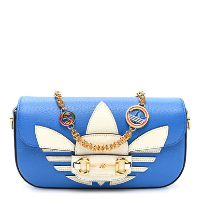 Gucci X ADIDAS Textured Dollar Calfskin Web Small Trefoil Horsebit 1955 Shoulder Bag Blue Off White 1 of 9