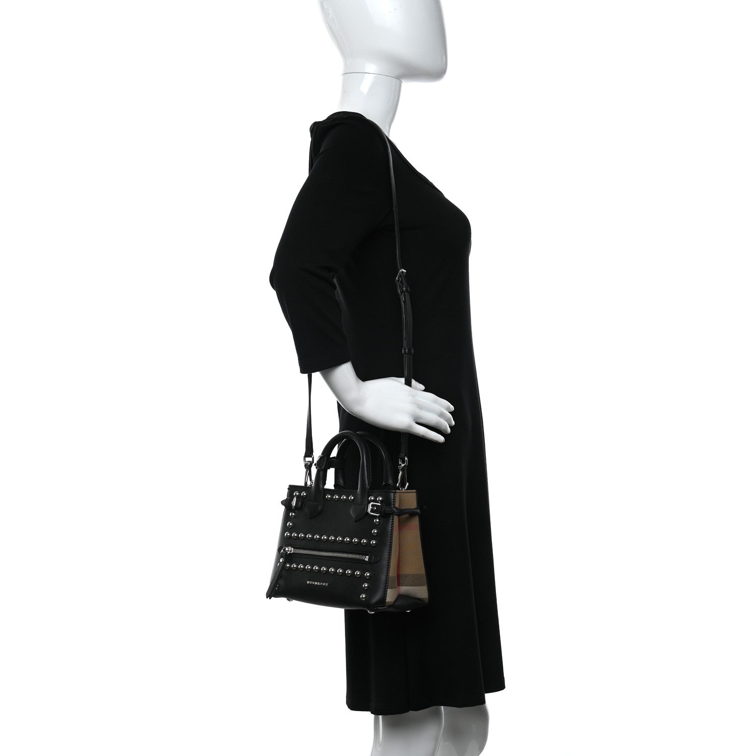 Burberry Pebbled Calfskin House Check Studded Baby Banner Tote Black 2 of 14