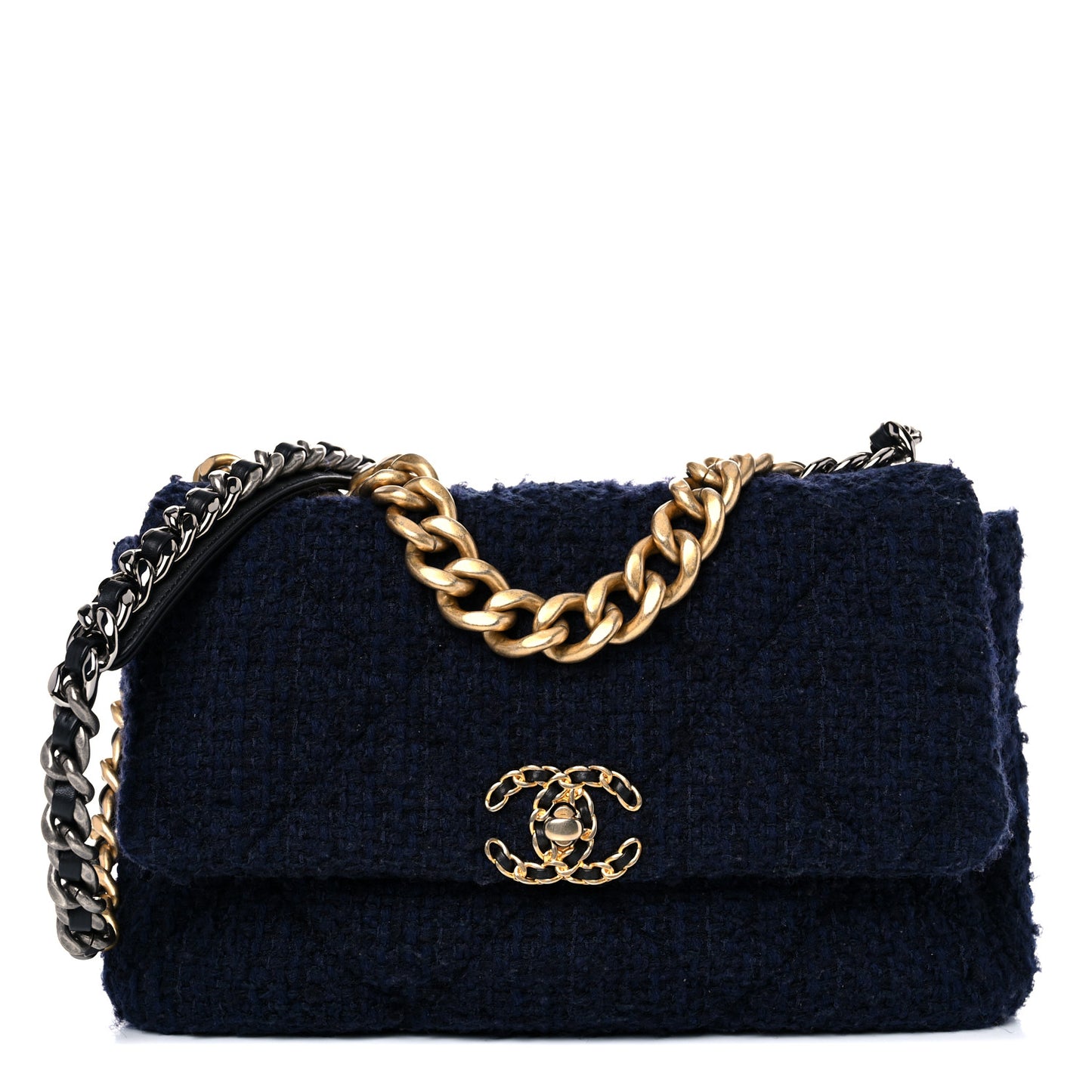 Tweed Quilted Large Chanel 19 Flap Navy Blue