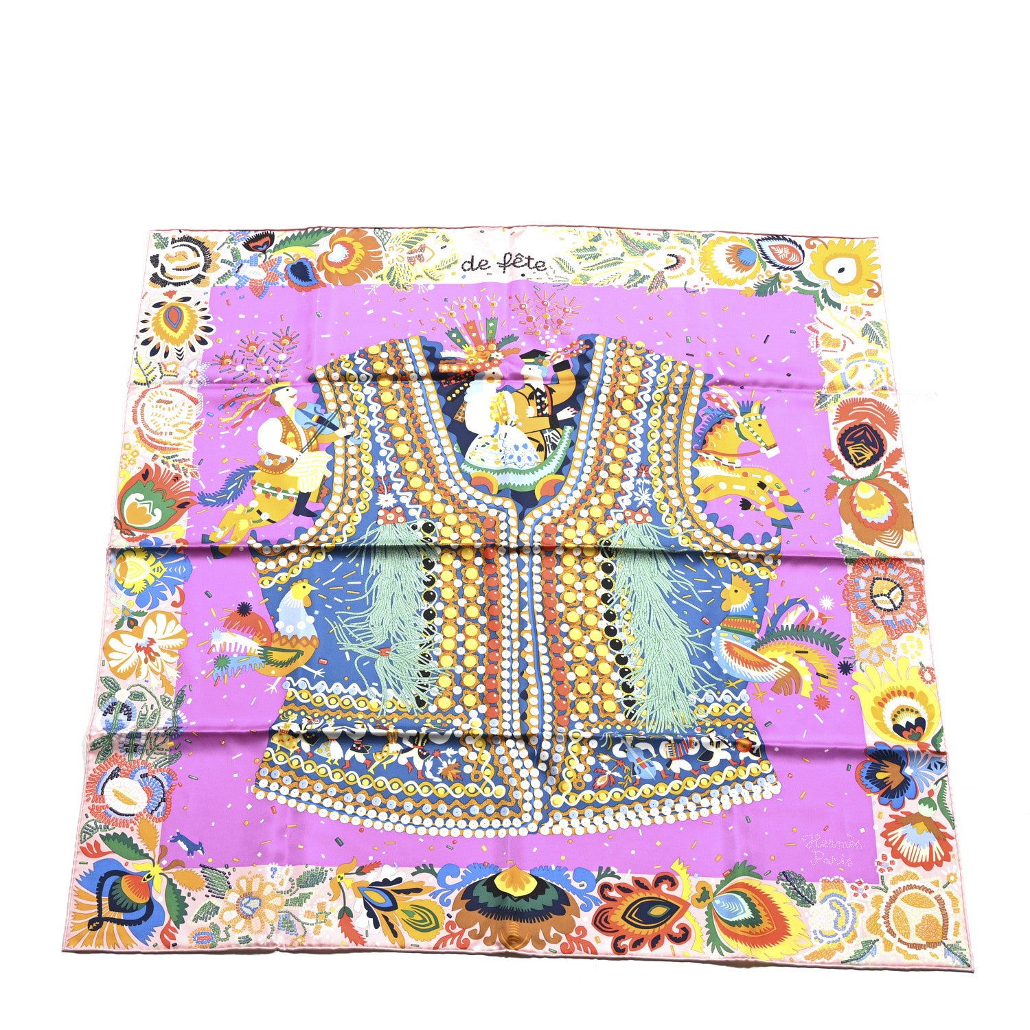 Hermes Silk Costume de Fete Scarf 90 Rose Poudre Cyclamen Jaune 1 of 5