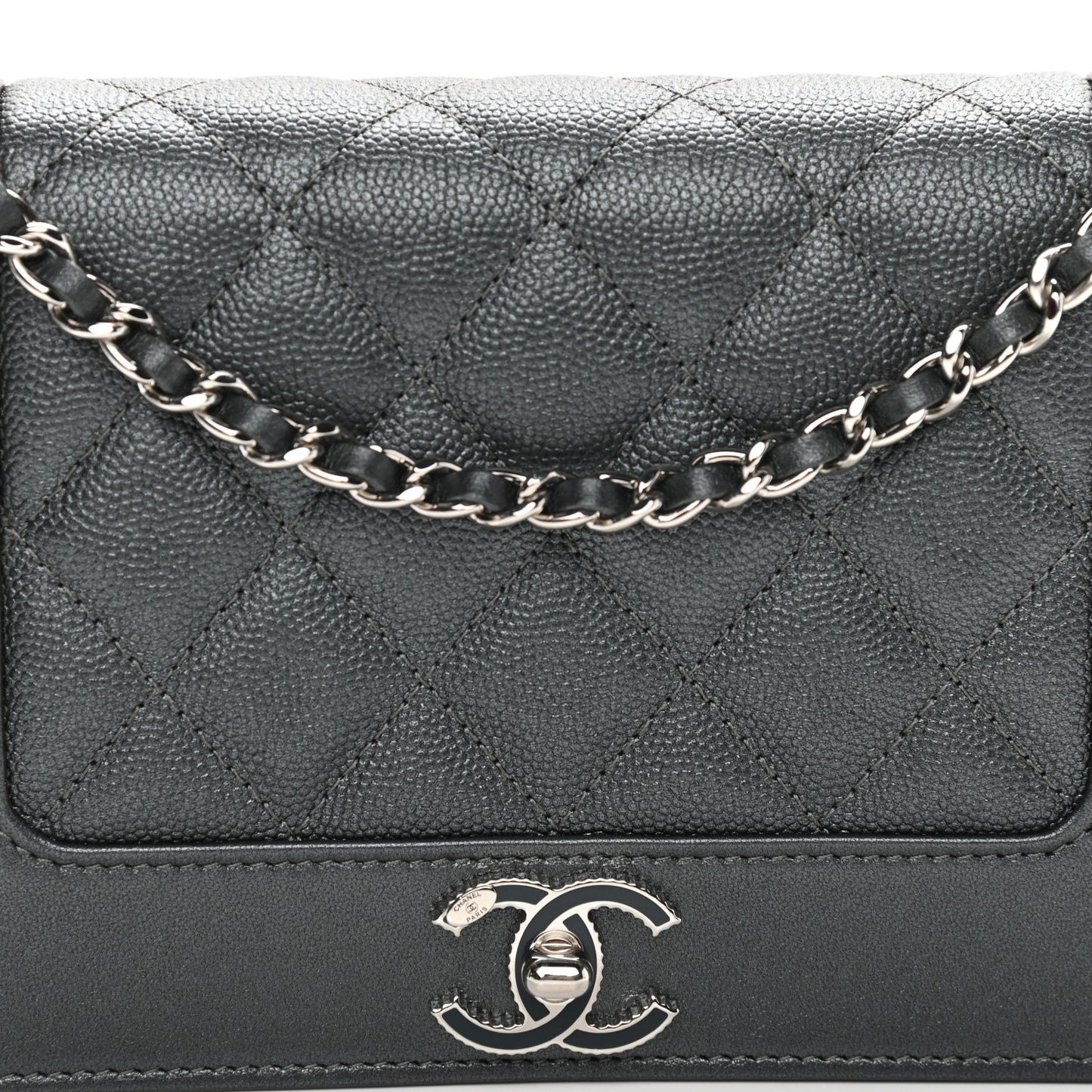 Metallic Caviar Chevron Quilted Vintage Mademoiselle Wallet On Chain WOC Charcoal