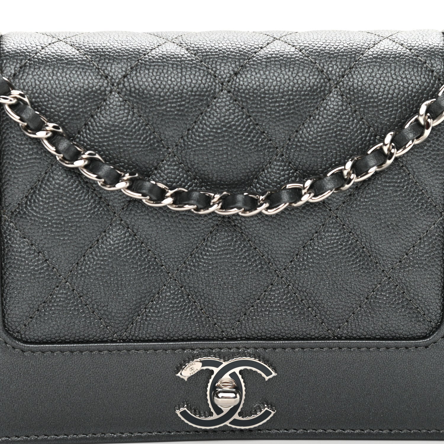 Chanel Metallic Caviar Chevron Quilted Vintage Mademoiselle Wallet On Chain WOC Charcoal 9 of 12