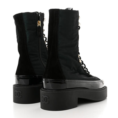 Chanel Nylon Suede Patent Calfskin Womens CC Lace Up Boots 36.5 Dark Green Black 4 of 11