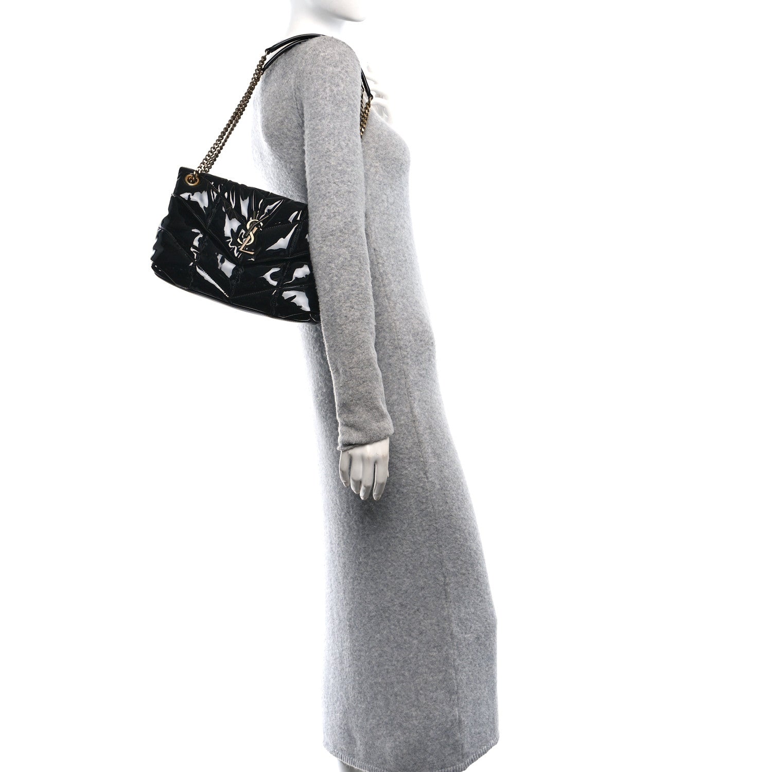 Saint Laurent Patent Quilted Small Loulou Puffer Monogram Chain Satchel Black 2 of 10