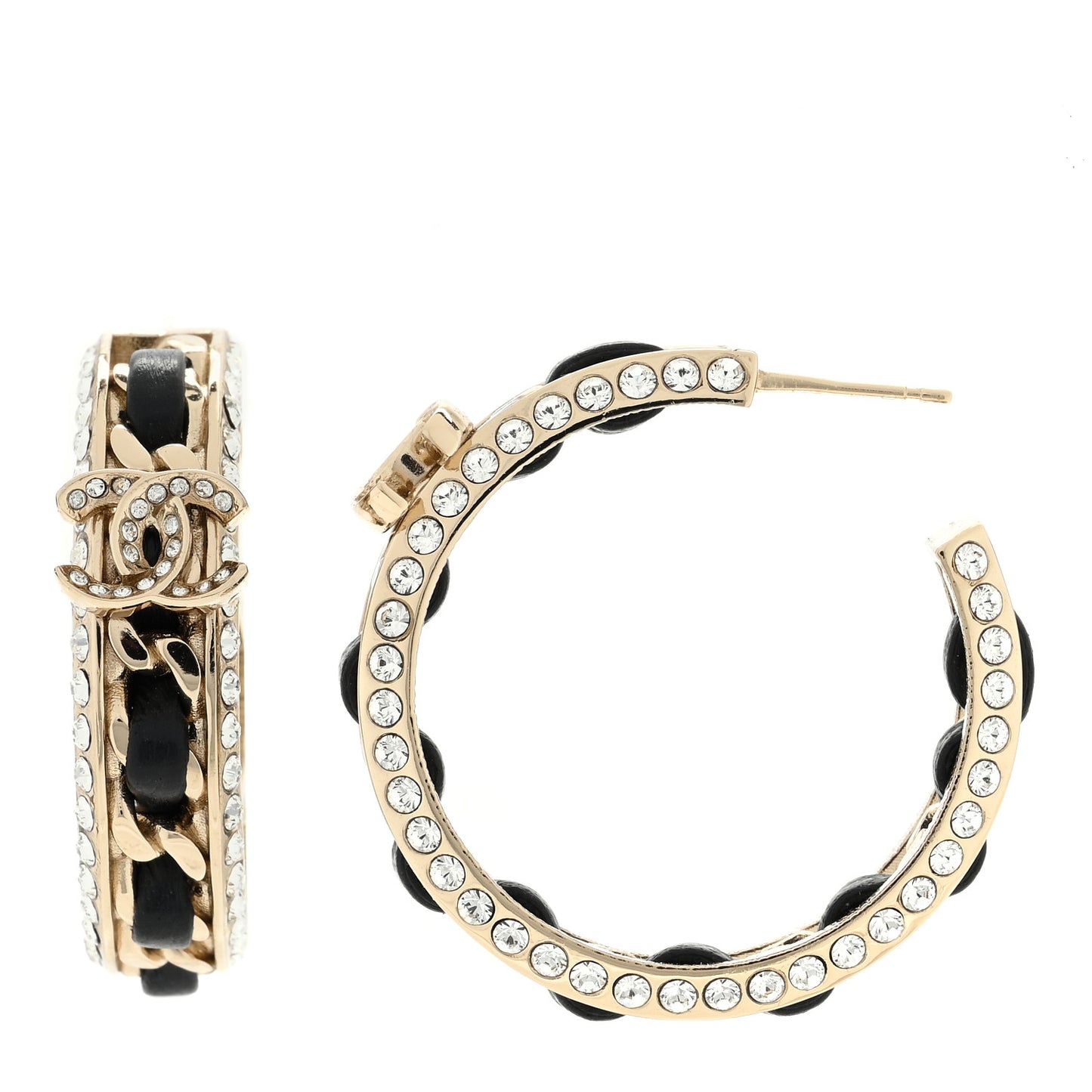 Crystal Lambskin CC Chain Hoop Earrings Gold Black