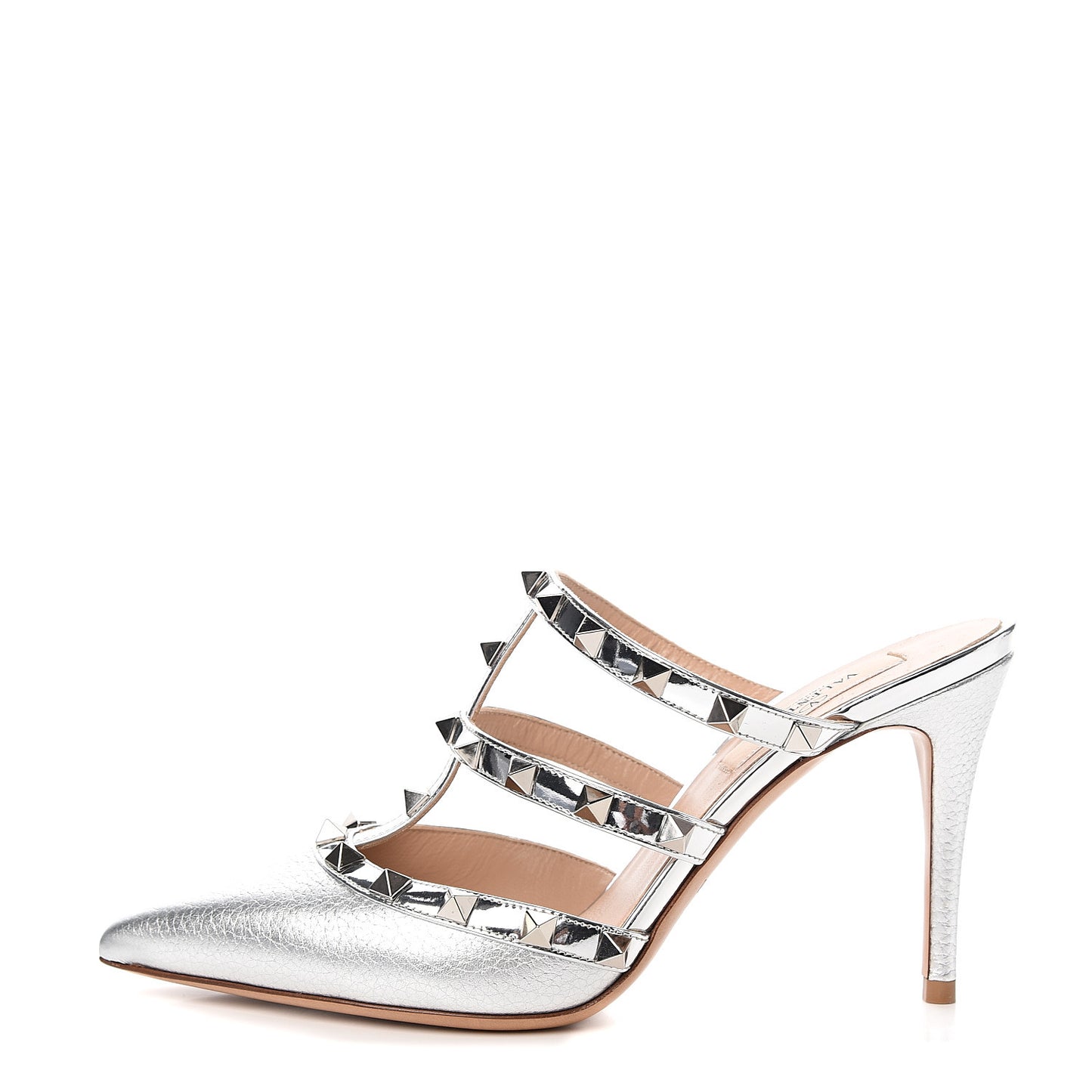 Metallic Pebbled Calfskin Rockstud 90mm Cage Mules 36 Silver