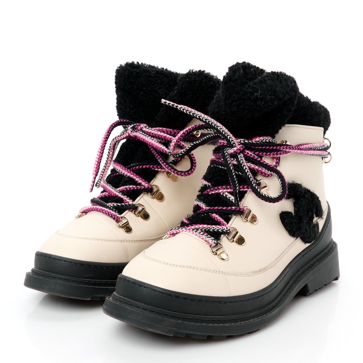 Calfskin Shearling CC Lace Up Boots 38 Black White