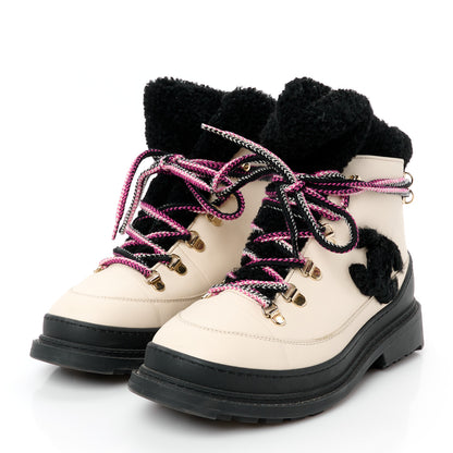 Chanel Calfskin Shearling CC Lace Up Boots 38 Black White 3 of 10