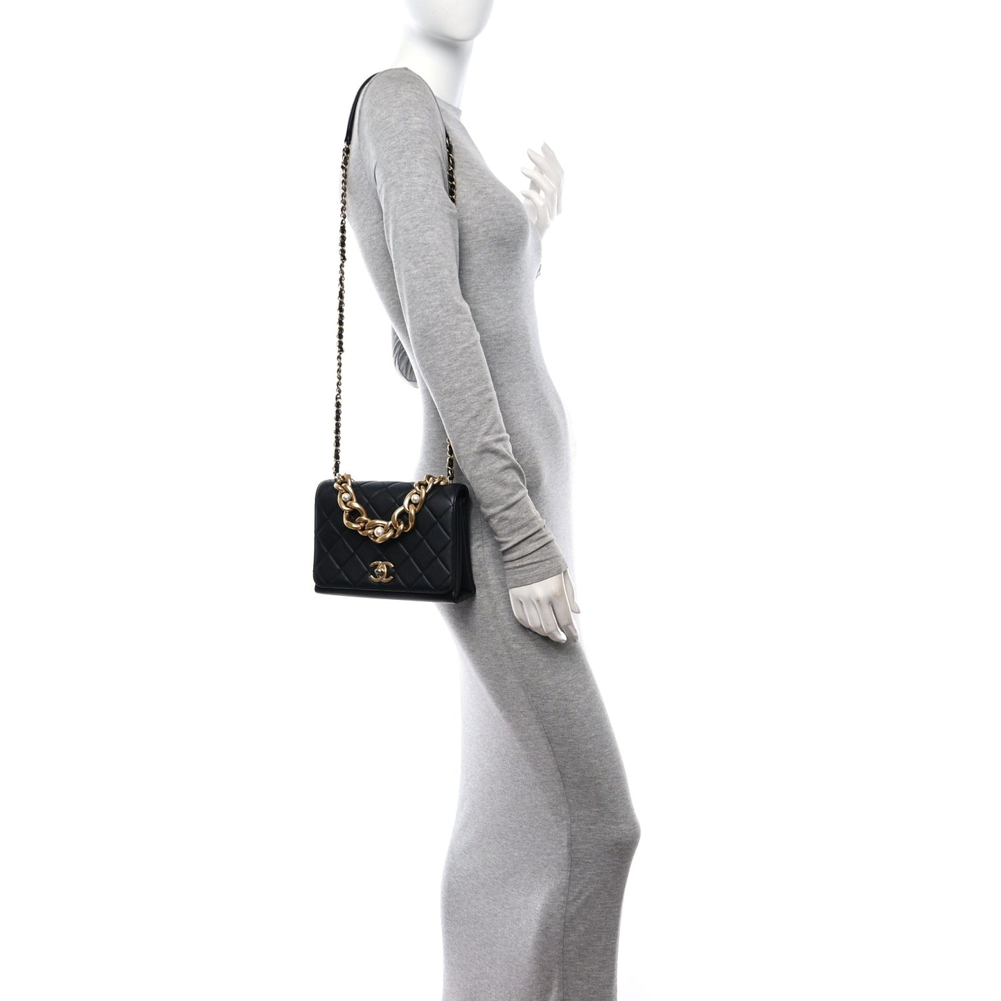 Calfskin Quilted Pearl Jewel Chain Flap Black