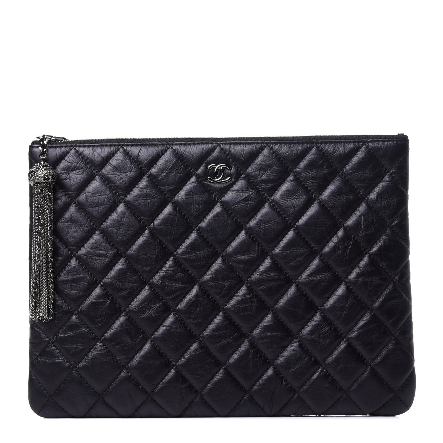 Aged Calfskin Quilted Medium Tassel Cosmetic Case Black