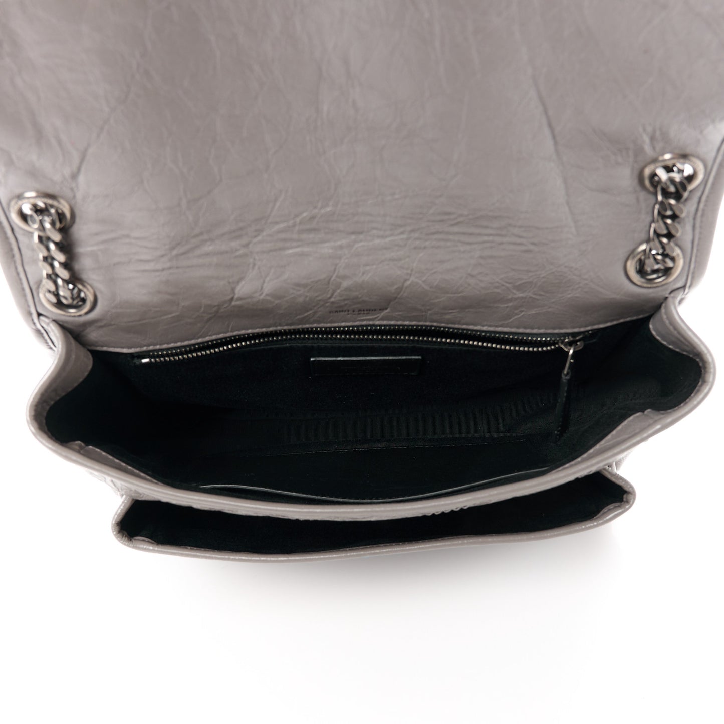 SAINT LAURENT Crinkled Calfskin Matelasse Monogram Medium Niki Chain Satchel Fog