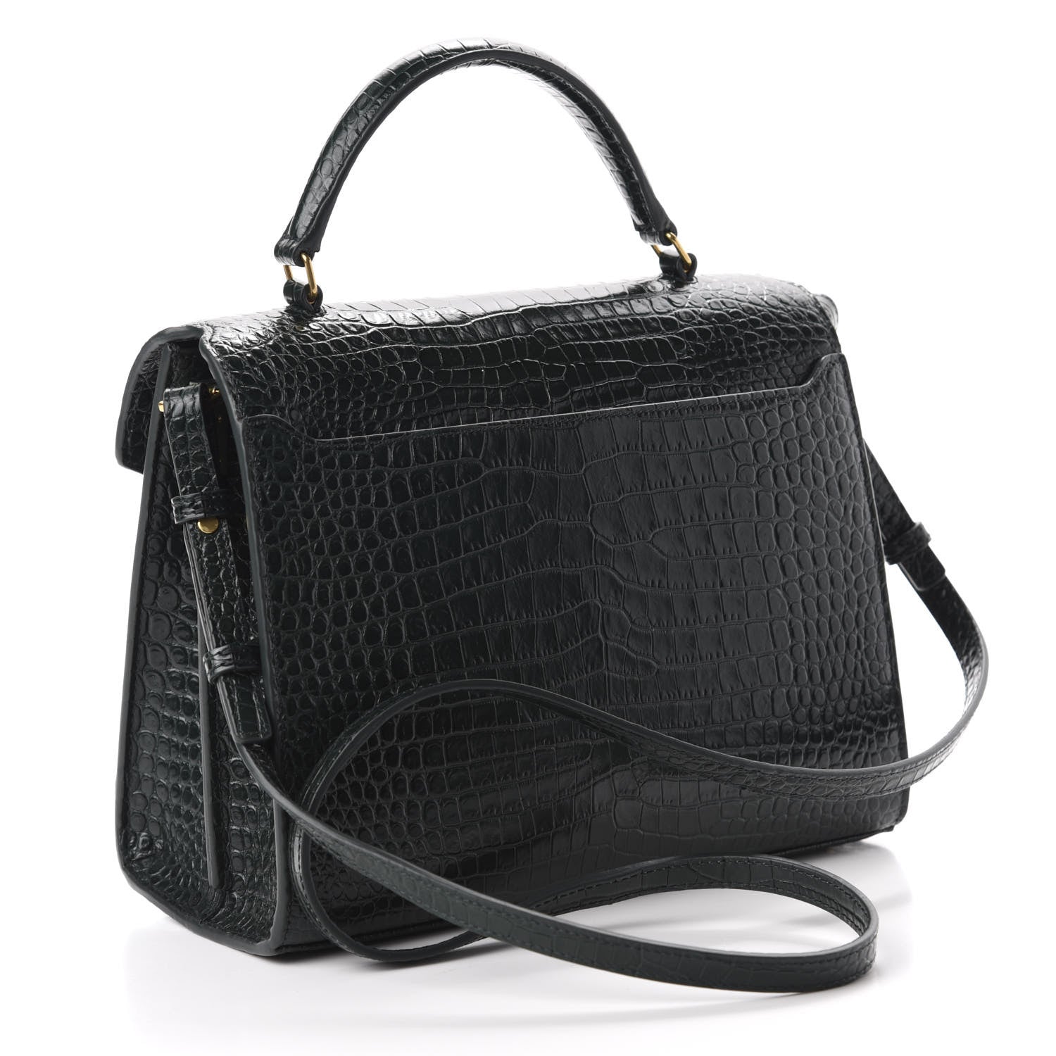 Saint Laurent Calfskin Crocodile Embossed Medium Classic Monogram Cassandra Top Handle Green 3 of 11