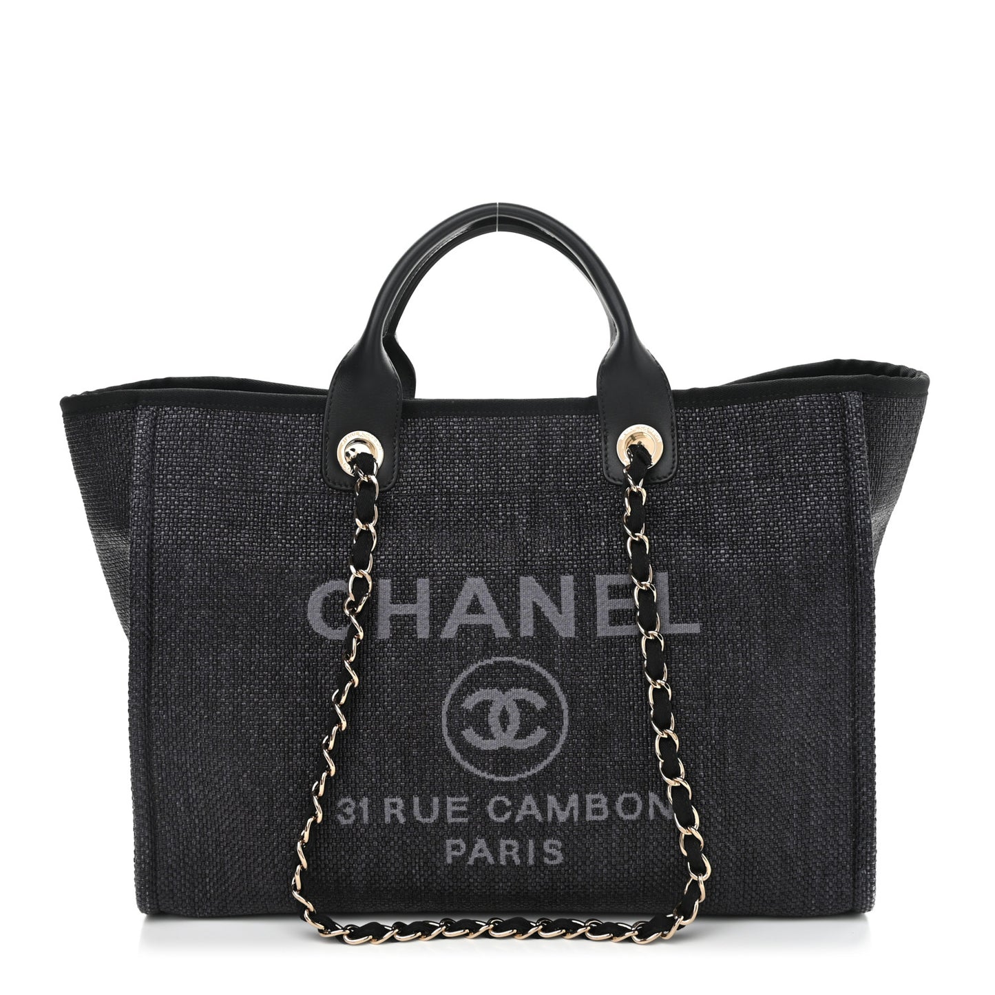 Woven Straw Raffia Medium Deauville Tote Black