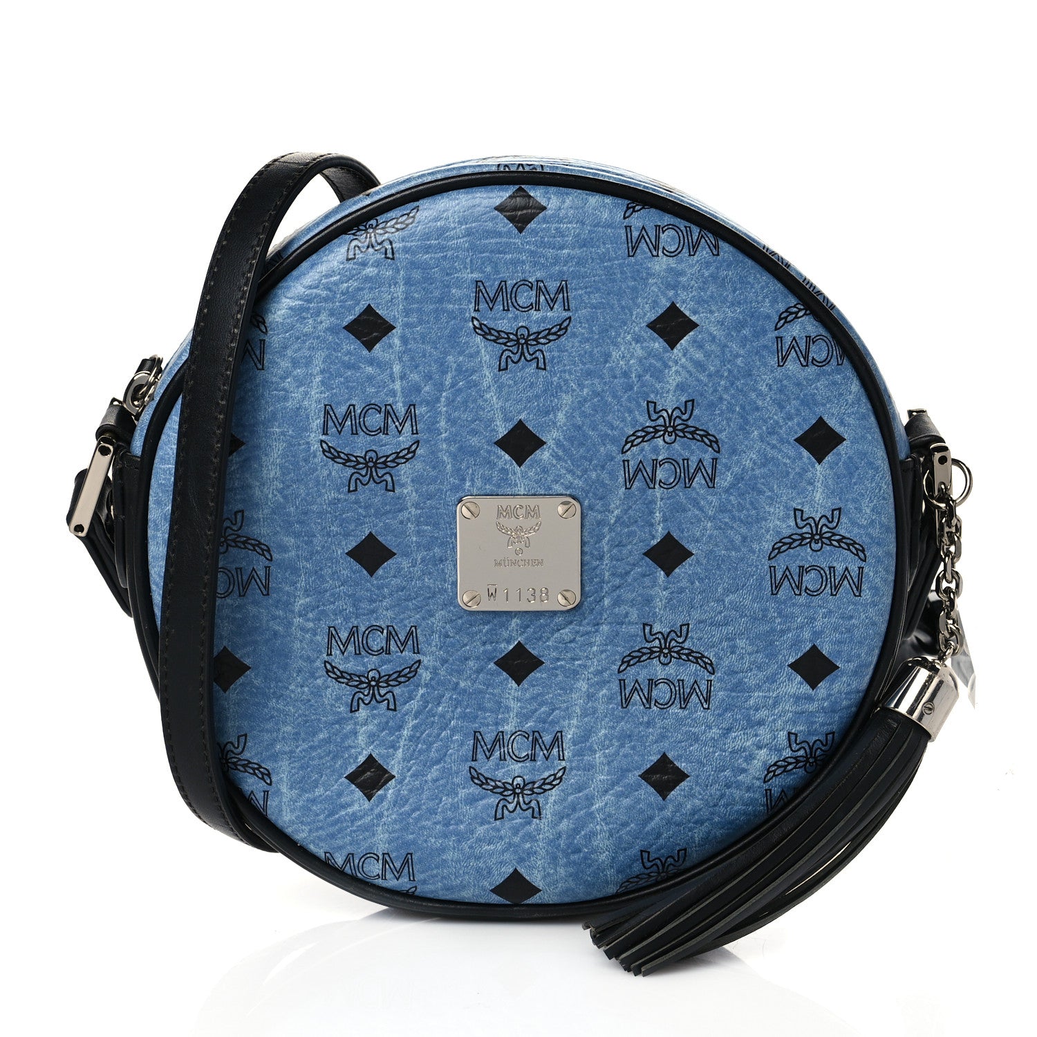 MCM Visetos Calfskin Round Crossbody Bag Denim Blue 1 of 9