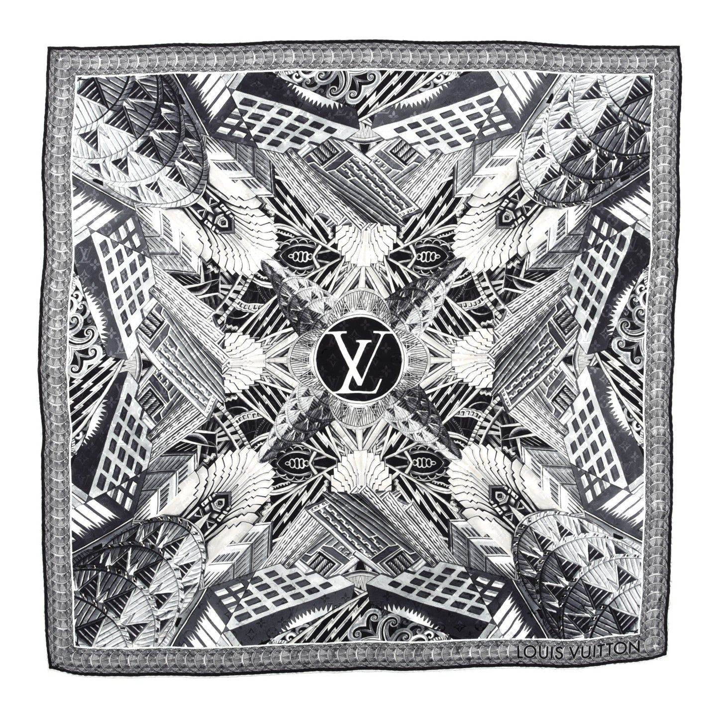 Silk Monogram Buildings Shawl Black