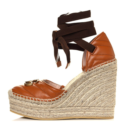 Gucci Nappa Matelasse GG Marmont Ankle Wrap Platform 35/120mm Espadrille Wedges 37 Cognac 1 of 6
