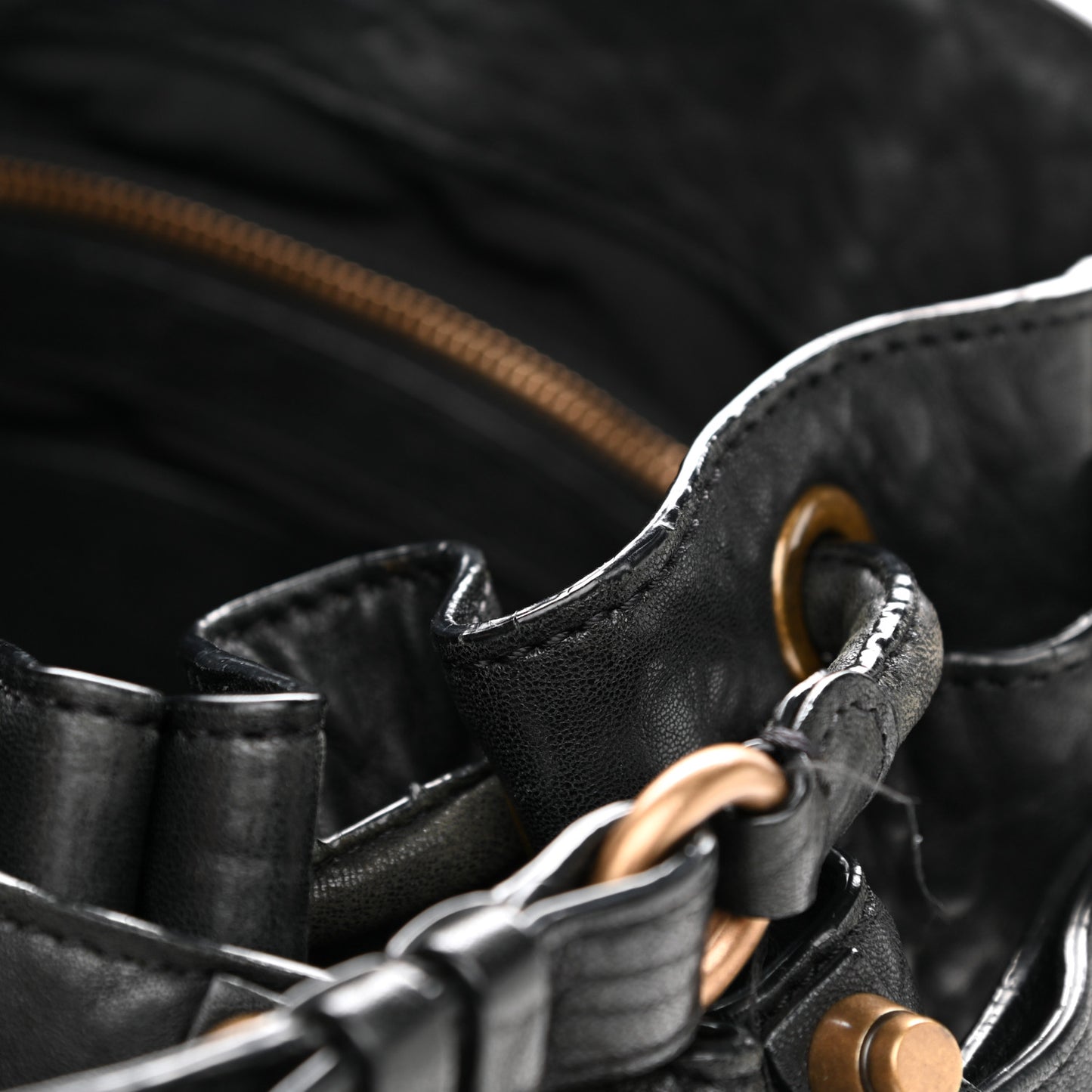 Pebbled Lambskin Diego Bucket Bag Black Antique Brass Hardware