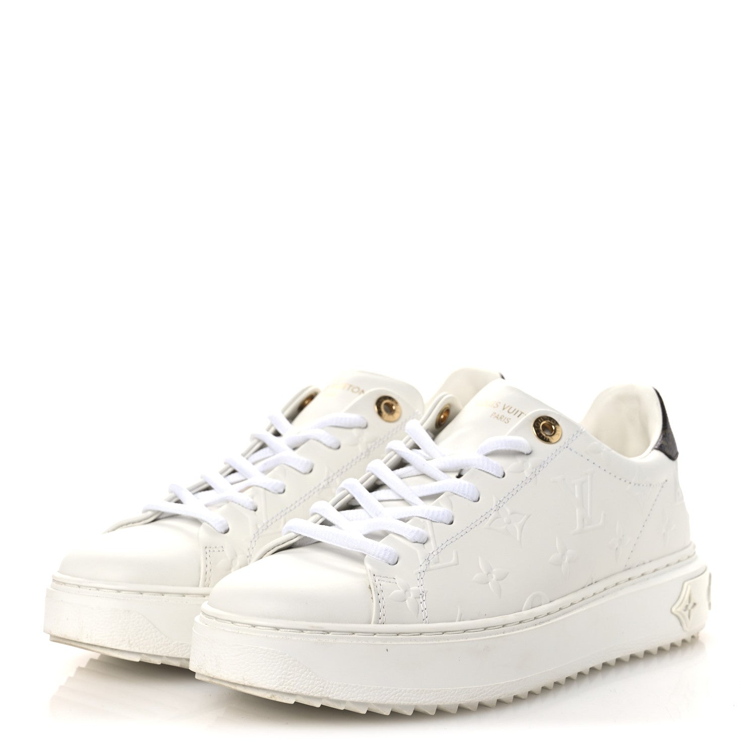 Louis Vuitton Lambskin Embossed Monogram Time Out Sneakers 37.5 White 4 of 14