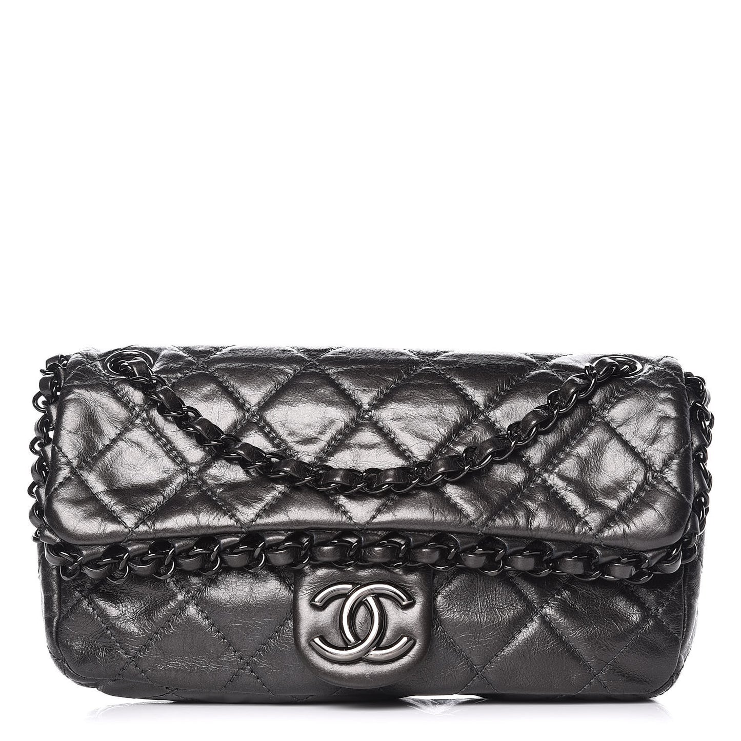Metallic Aged Calfskin Quilted Small Chain Me Flap Black