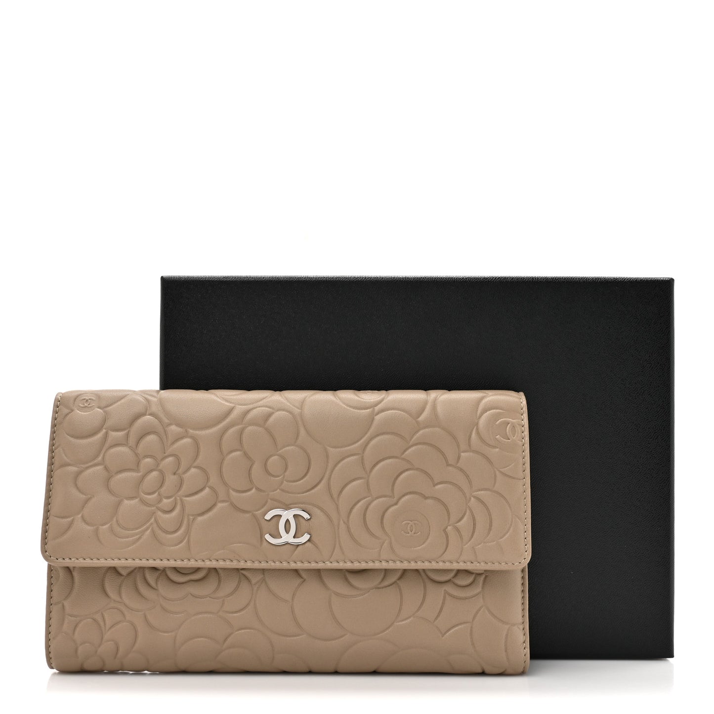 Lambskin Camellia Embossed Large Flap Wallet Gold