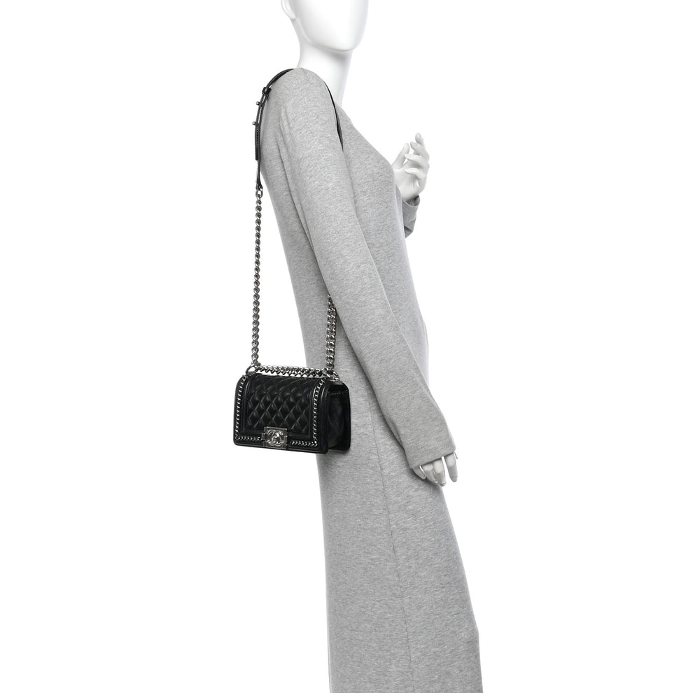 Chanel Glazed Calfskin Quilted Small Chain Around Boy Flap Black ...