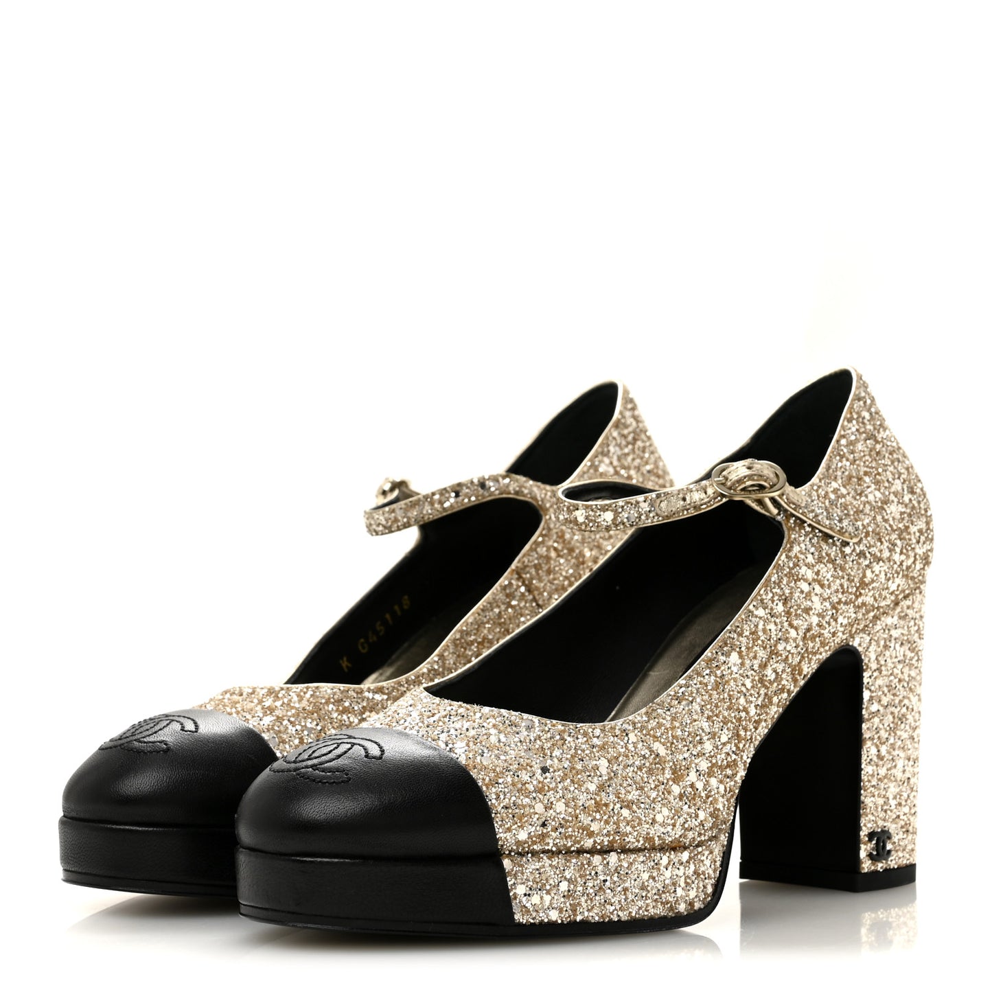 Glitter Lambskin Cap Toe CC Mary Jane Pumps 38 Light Gold Black
