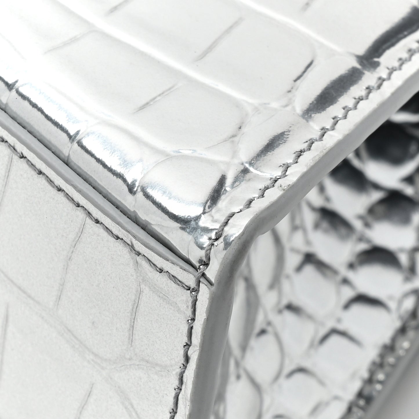 Metallic Calfskin Crocodile Embossed Crystal Hourglass Top Handle Bag XS Silver