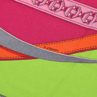 Hermes Cashmere Silk La Promenade Du Matin Shawl 140 Bleu Azur Vert Fluo Fuchsia 4 of 7