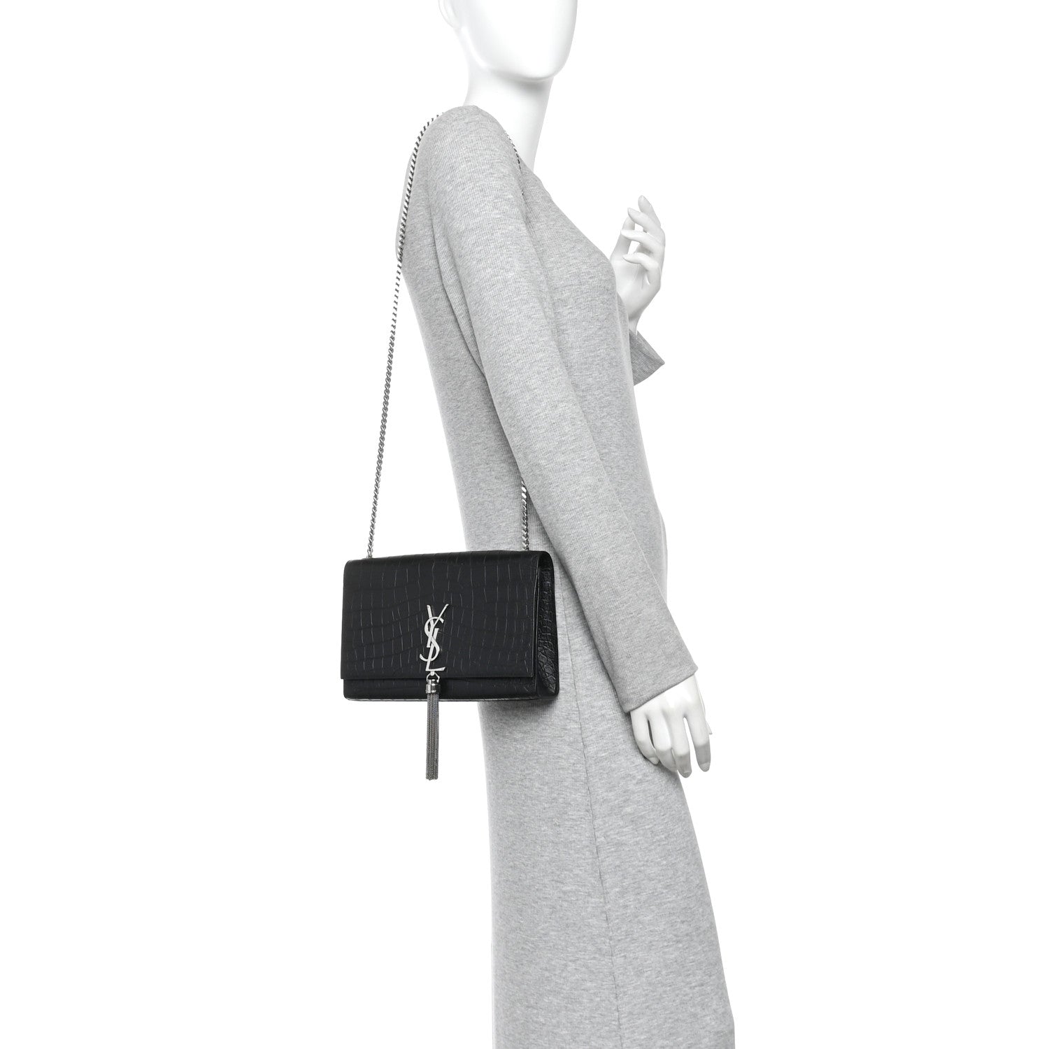 Saint Laurent Calfskin Crocodile Embossed Medium Classic Monogram Kate Tassel Satchel Black 2 of 13
