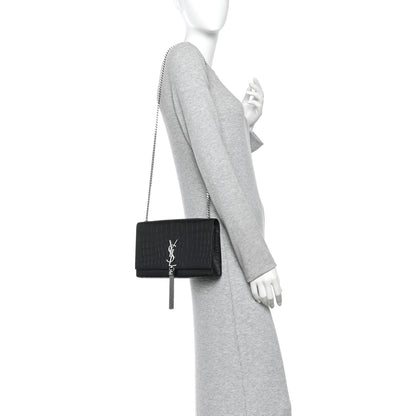 Saint Laurent Calfskin Crocodile Embossed Medium Classic Monogram Kate Tassel Satchel Black 2 of 13