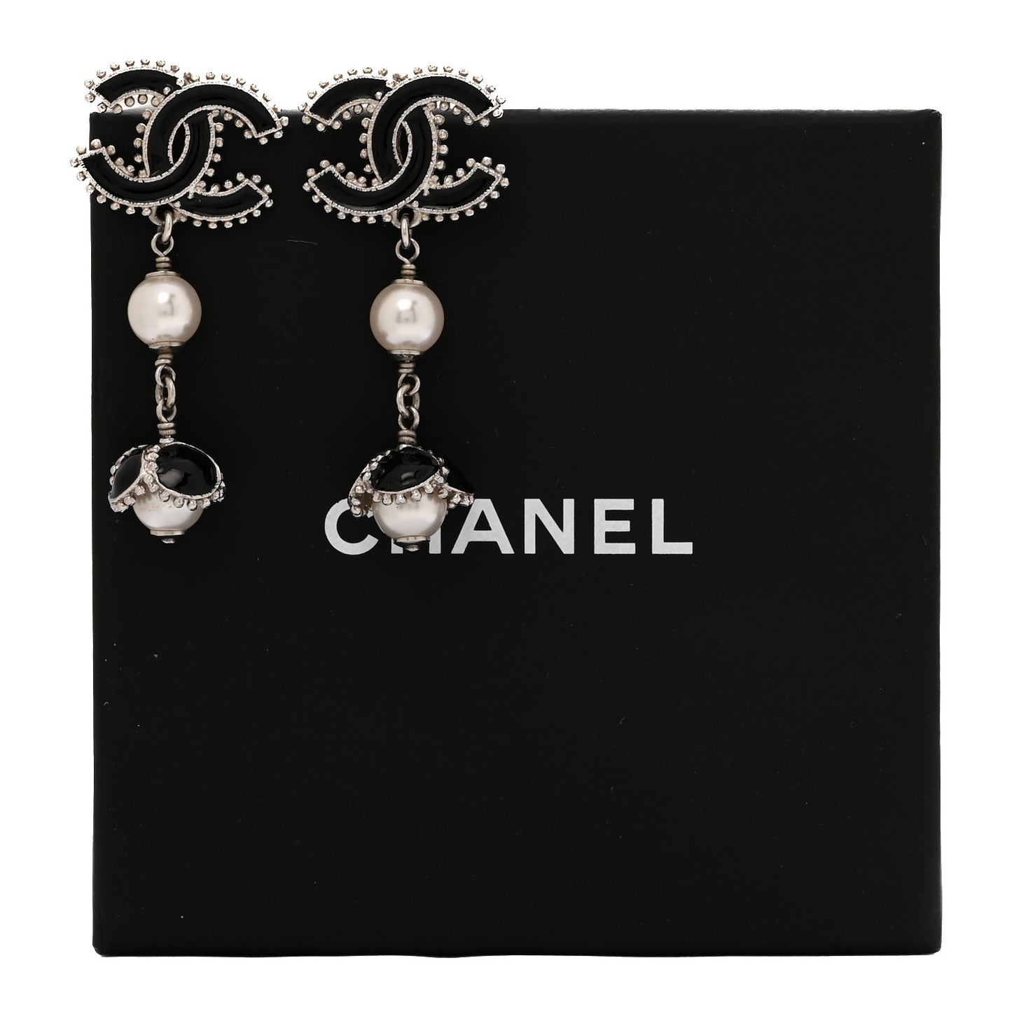 Metal Resin Bead Pearl CC Drop Earrings Silver White Black
