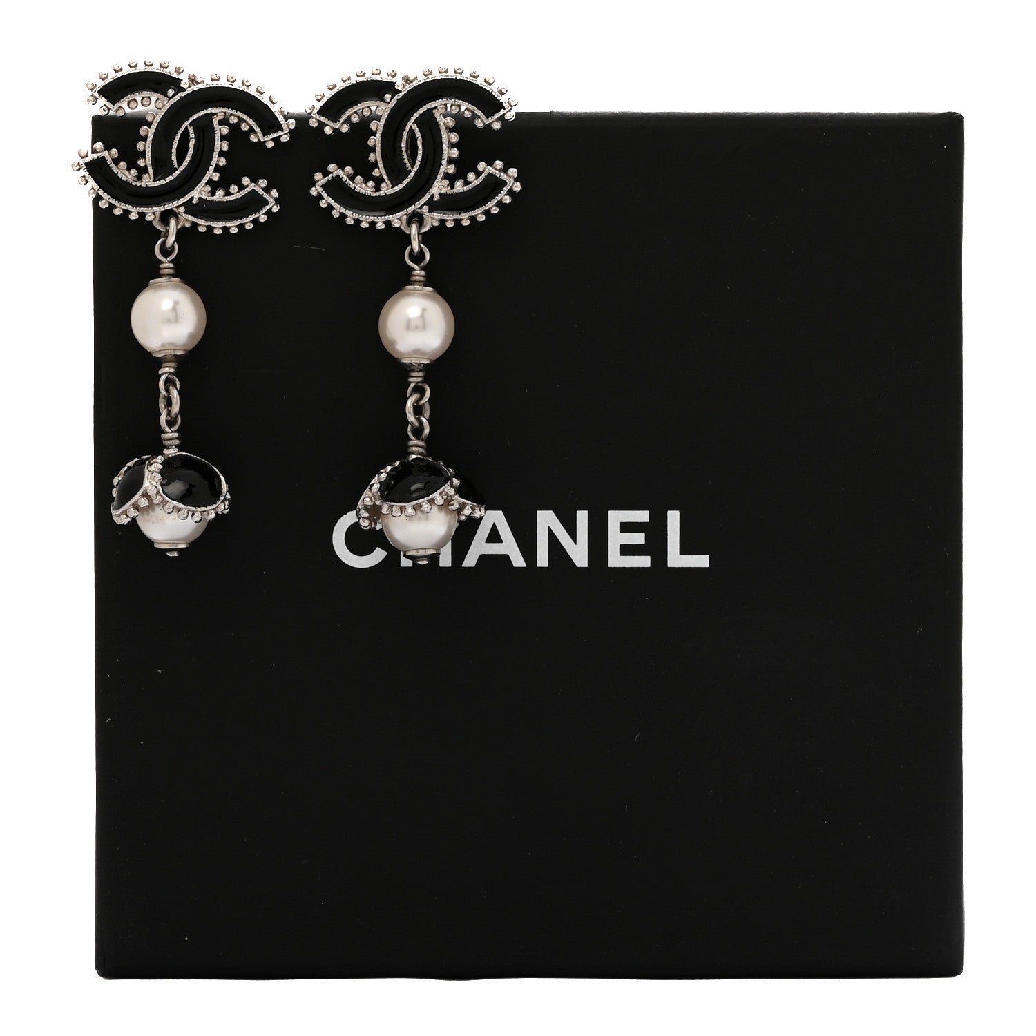 Chanel Metal Resin Bead Pearl CC Drop Earrings Silver White Black 6 of 6