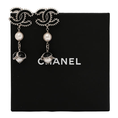 Chanel Metal Resin Bead Pearl CC Drop Earrings Silver White Black 6 of 6