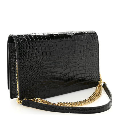 Saint Laurent Calfskin Crocodile Embossed Small Classic Monogram Kate Tassel Satchel Black 3 of 9