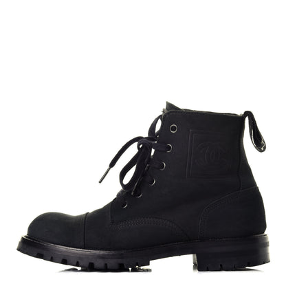 Chanel Calfskin Suede Quilted Lace Up Combat Boots 38 Black 1 of 8