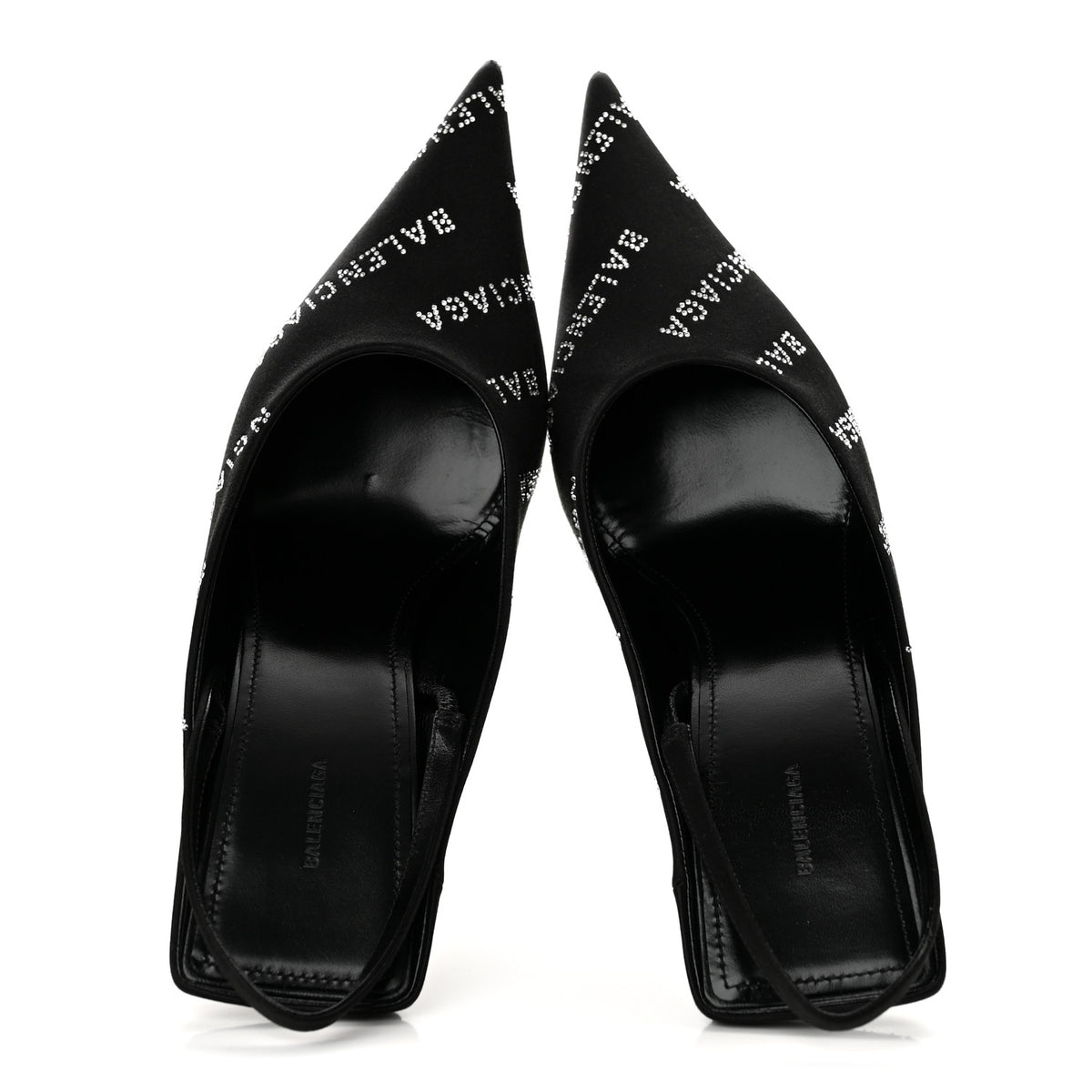 Balenciaga Satin Strass Allover Logo Square Knife 110mm Slingback Pumps 38 Black 2 of 11