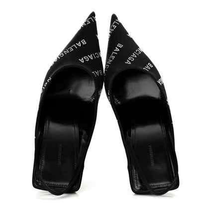 Balenciaga Satin Strass Allover Logo Square Knife 110mm Slingback Pumps 38 Black 2 of 11