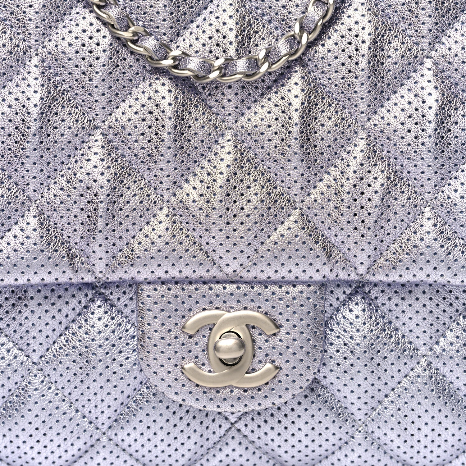 Chanel Metallic Perforated Lambskin Quilted Clutch With Chain Flap Silver 8 of 10