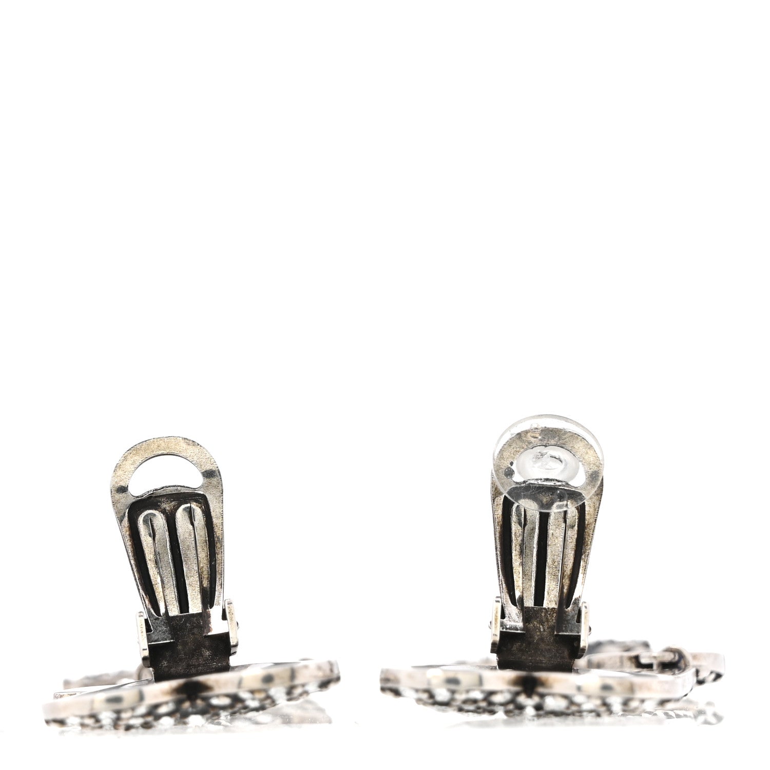 Saint Laurent Brass Crystal Monogram Heart Drop Clip Earrings Silver 3 of 5