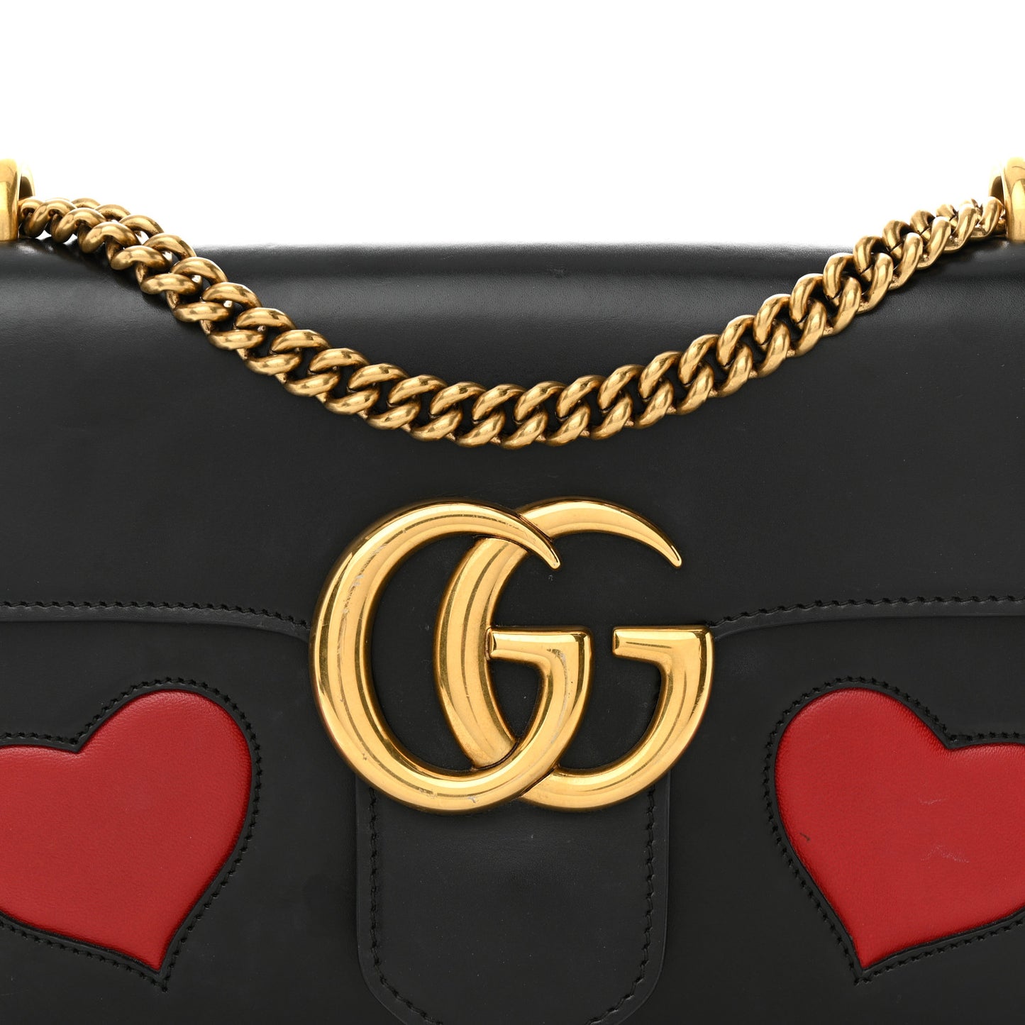 Knight Calfskin Malaga Kid Heart Medium GG Marmont Chain Handle Bag Black Hibiscus Red Multicolor