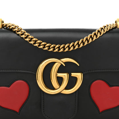 Gucci Knight Calfskin Malaga Kid Heart Medium GG Marmont Chain Handle Bag Black Hibiscus Red Multicolor 8 of 15
