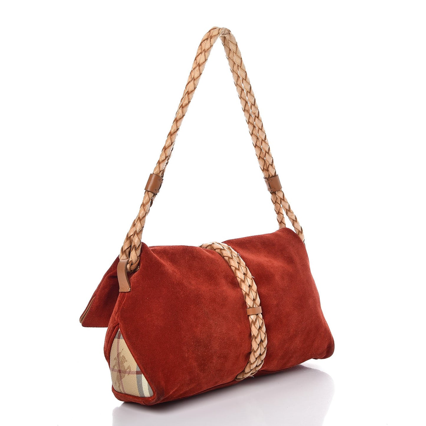 Suede Haymarket Check Horn Toggle Shoulder Bag Red