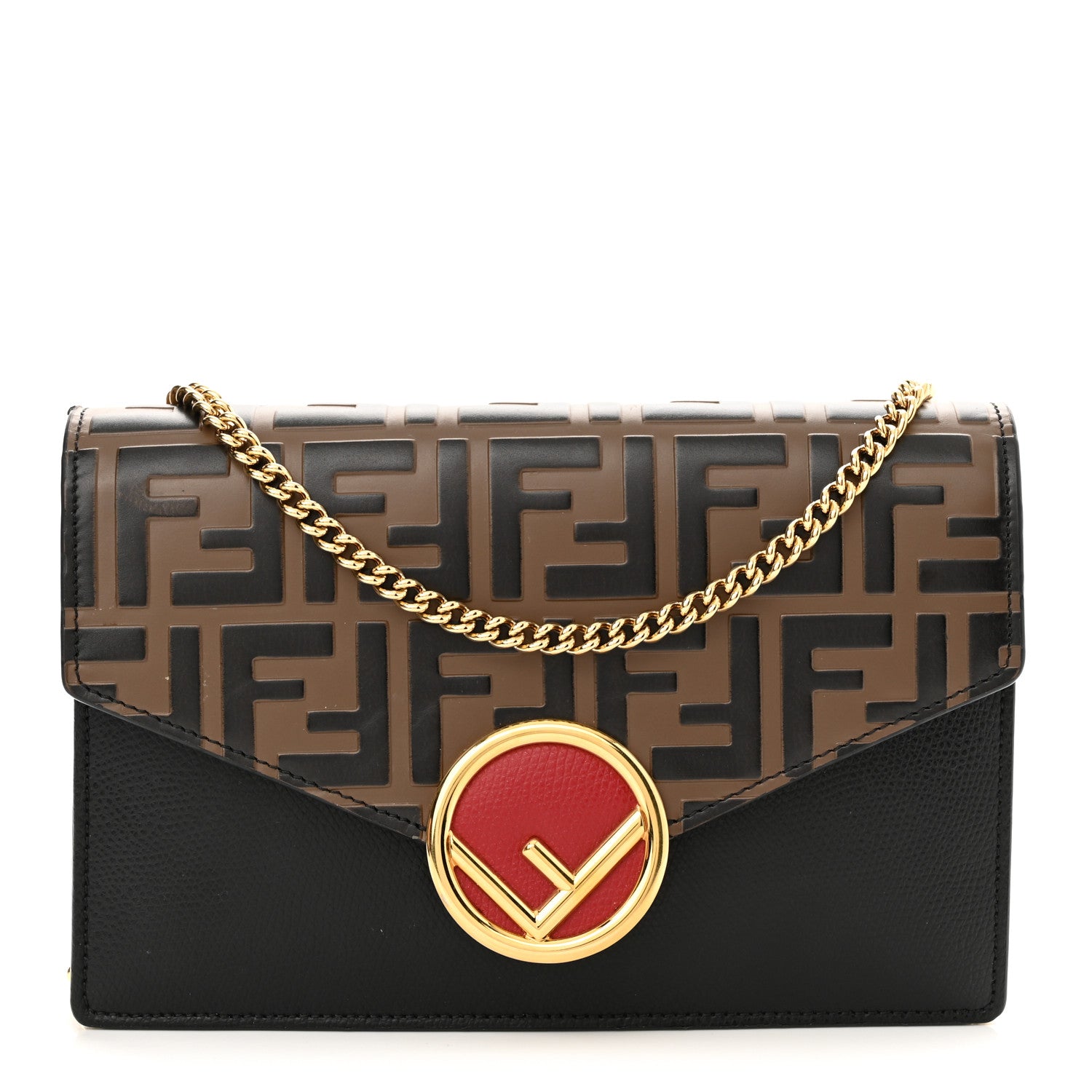 Fendi Vitello Cruise F is Fendi Bi-Color FF 1974 Embossed Medium Envelope Wallet On Chain Black Maya 1 of 10