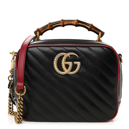 Gucci Vintage Effect Calfskin Matelasse Diagonal Small Torchon GG Marmont Bamboo Top Handle Shoulder Bag Black Romantic Cherry 1 of 13