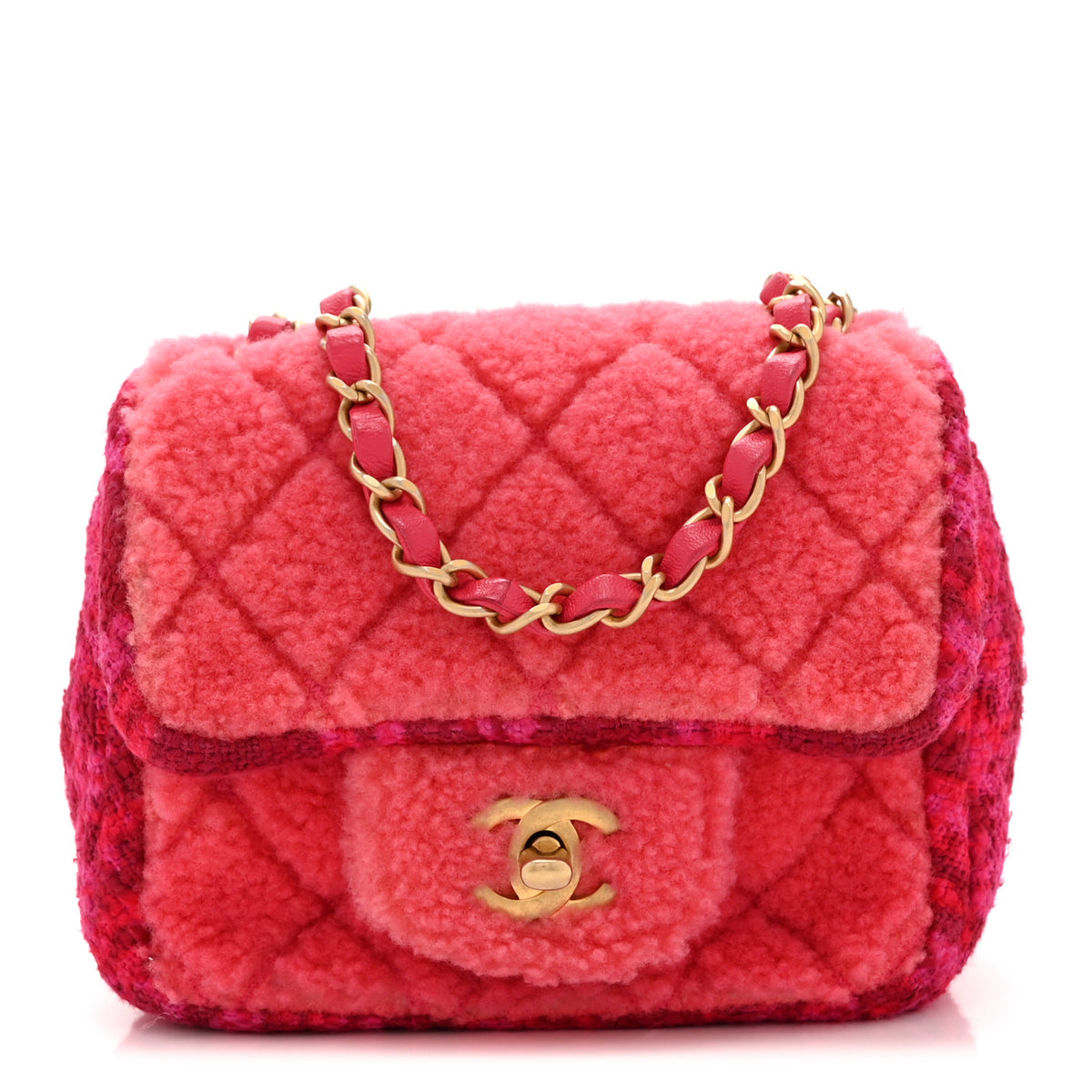 Shearling Tweed Quilted Mini Square Flap Bag Pink