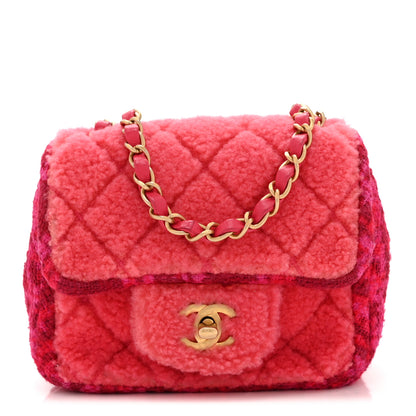 Chanel Shearling Tweed Quilted Mini Square Flap Bag Pink 1 of 10