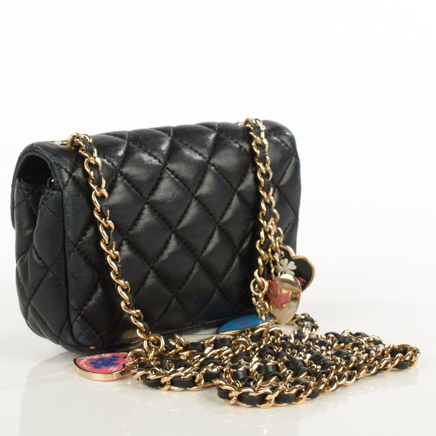 Lambskin Quilted Extra Mini Flap Heart Valentine Charms Black