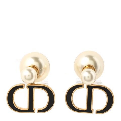 Pearl Enamel Tribal CD Drop Earrings Gold Black White