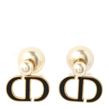 Christian Dior Pearl Enamel Tribal CD Drop Earrings Gold Black White 1 of 5