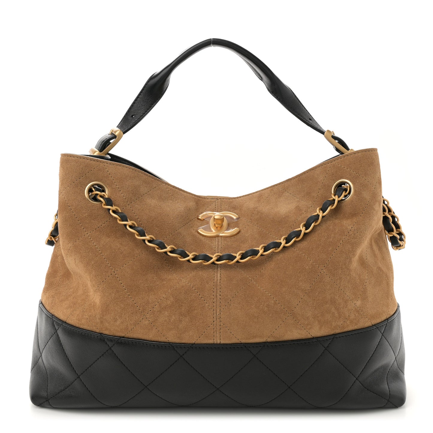 Suede Calfskin Shiny Lambskin Quilted Small Coco Base Shopping Bag Beige Black